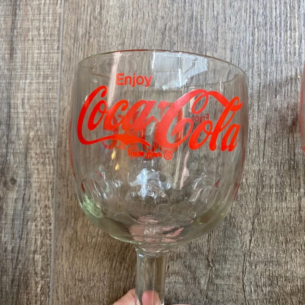 Vintage Coca-Cola Red Logo Thumbprint Glass Goblets Set of 2 Clear 6 Inch 1970s